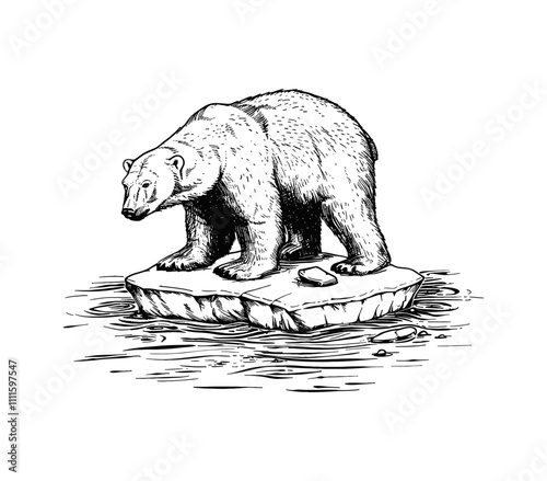 polar bear on ice float engraving black and white outline