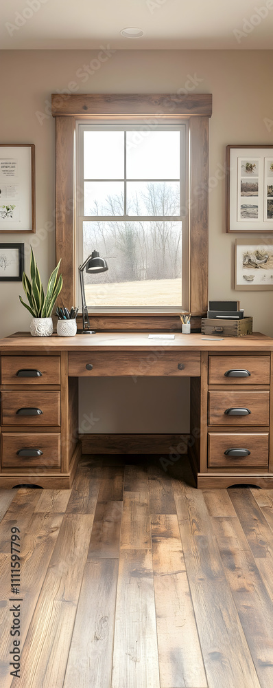 Rustic wooden desk in home office with window. Rustic wooden desk in home office with window.