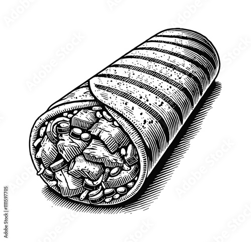 shawarma doner kebab engraving black and white outline