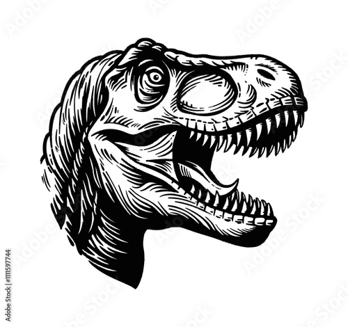 tyrannosaurus head engraving black and white outline