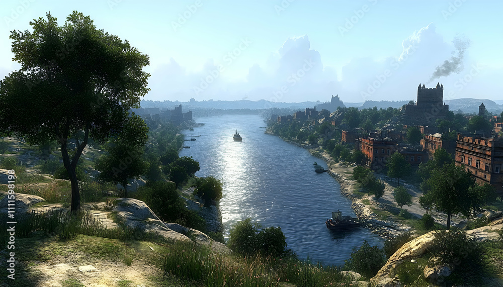 Fototapeta premium Scenic river view with medieval town and sunlight reflection.