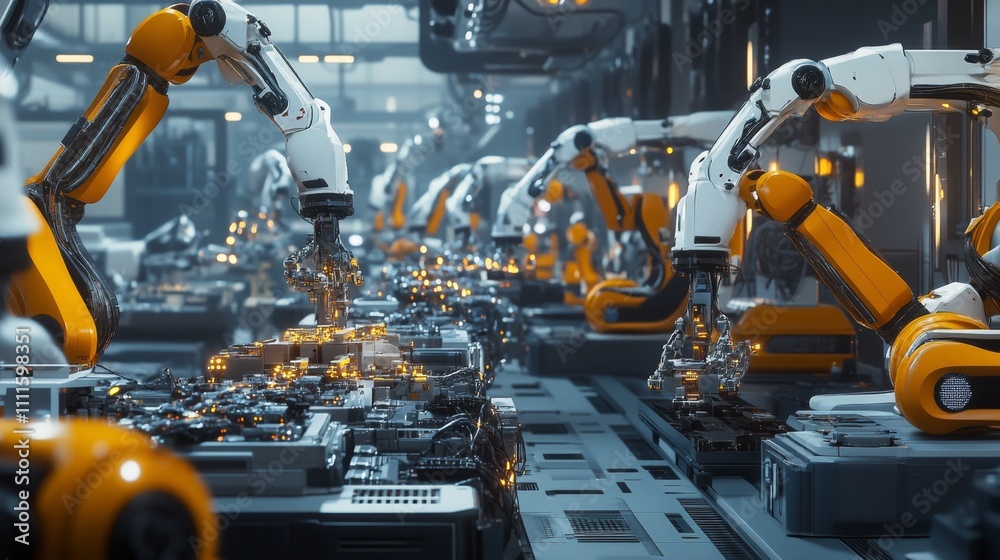 Futuristic AI Powered Factory with Robotic Arms in Action Futuristic AI Powered Factory with Robotic Arms in Action