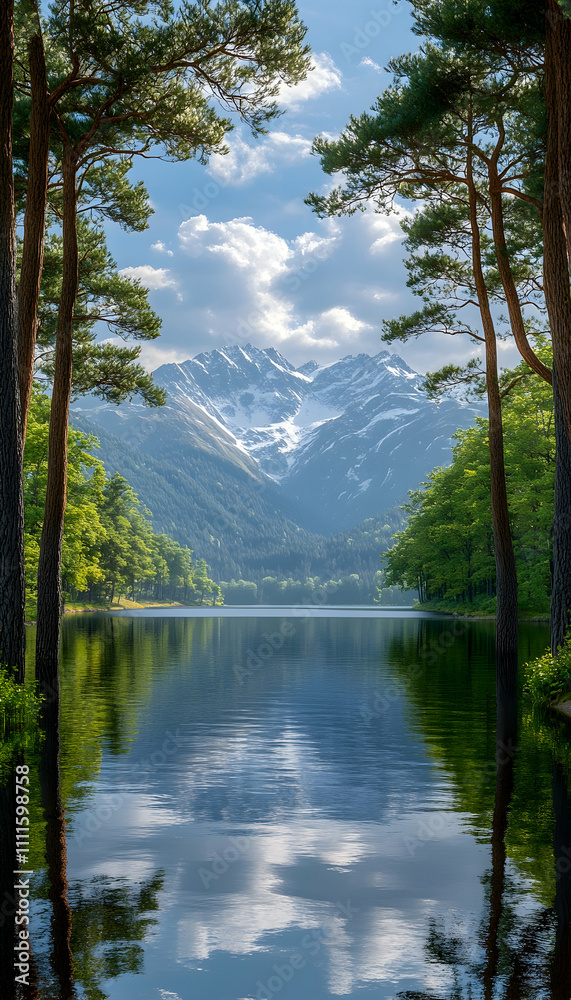 Serene mountain lake reflected in calm water, framed by pine trees. Serene mountain lake reflected in calm water, framed by pine trees.