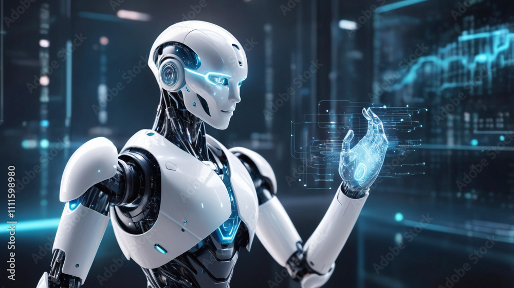 Futuristic Robot Analyzing Digital Interface in Modern Technology Environment. Futuristic Robot Analyzing Digital Interface in Modern Technology Environment.
