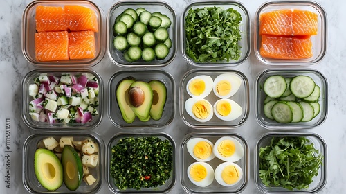 A top-down view of a meal prep station featuring low-carb ingredients like eggs, avocado, smoked salmon, and leafy greens  photo