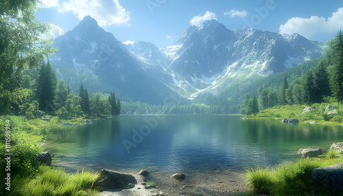 Serene mountain lake reflecting sunlight, surrounded by lush greenery and snow-capped peaks.