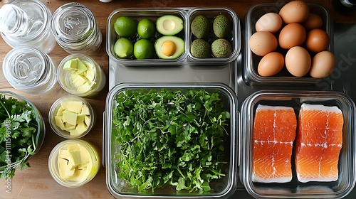 A top-down view of a meal prep station featuring low-carb ingredients like eggs, avocado, smoked salmon, and leafy greens  photo