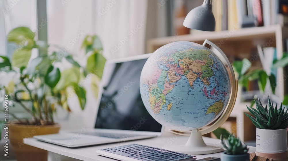 Global Commerce Concept with Laptop and Globe in Modern Workspace Global Commerce Concept with Laptop and Globe in Modern Workspace