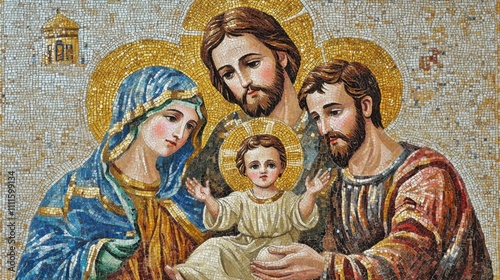 A timeless religious mosaic of Jesus, Mary, and Joseph, radiating faith and artistry in vivid detail