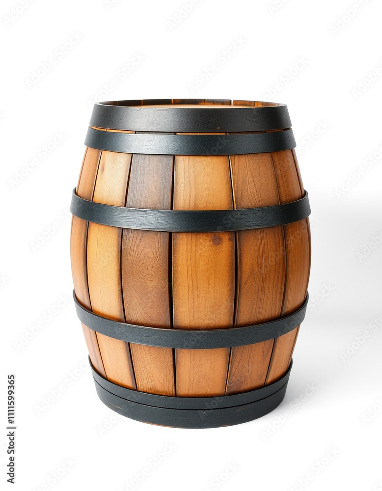 Obraz premium Rustic Wooden Barrel with Metal Bands Isolated on White Background, Perfect for Storage or Decor.