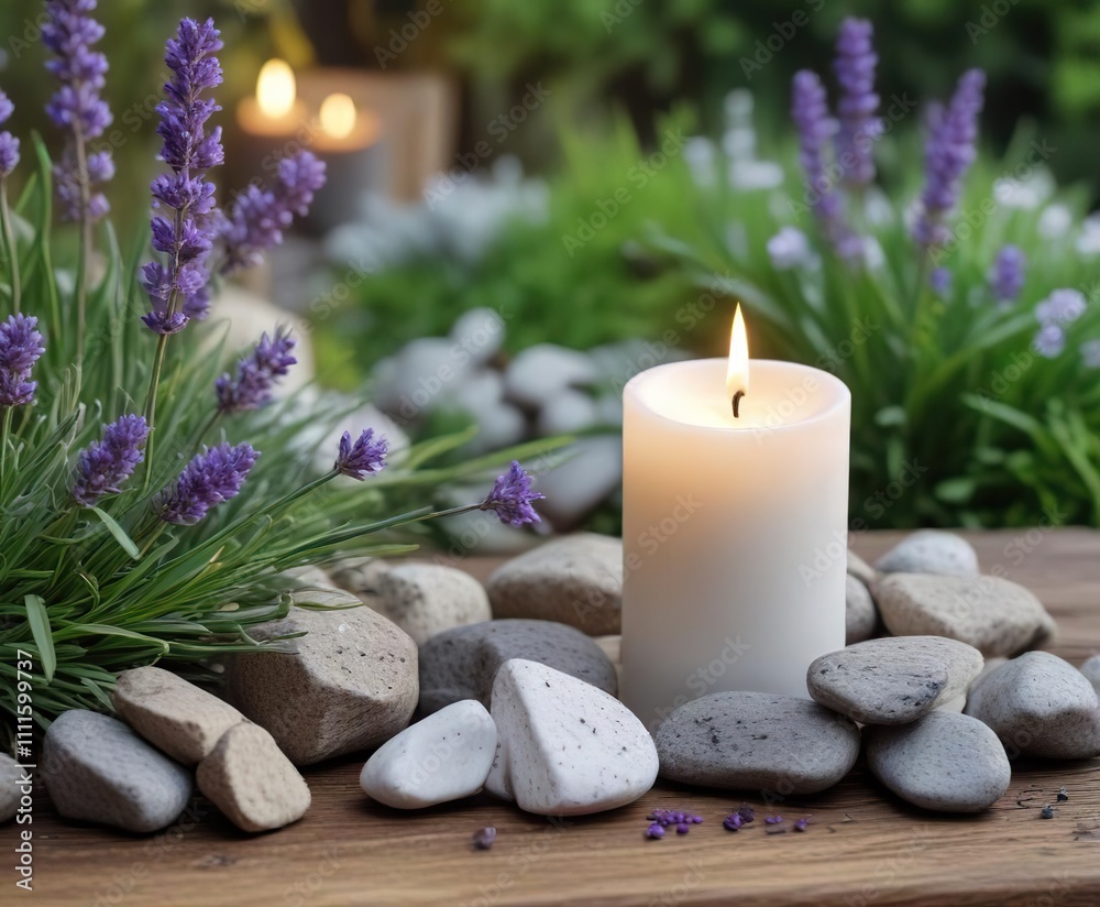 White candle with lavender flowers and rocks on wooden table in garden, wooden table, candle White candle with lavender flowers and rocks on wooden table in garden, wooden table, candle