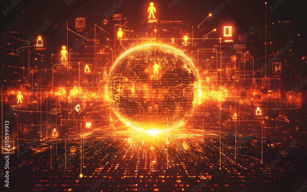 Obraz premium A digital globe with icons of people connecting across the world, surrounded by binary code and data streams, representing global network technology,