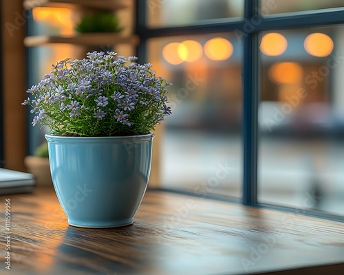 Small purple flowers in a light blue pot on a wooden table by a window.