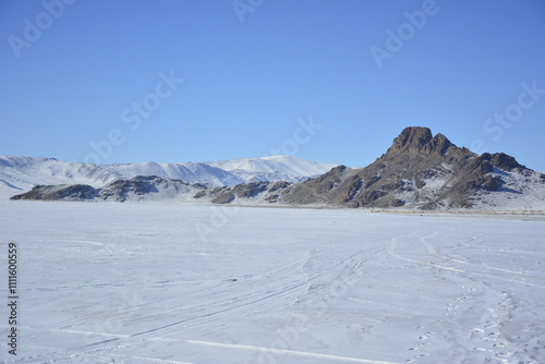 Snow on the river in western Mongolia