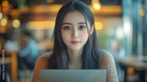 photo of a freelance asian woman working with laptop at the office, looking at the camera 