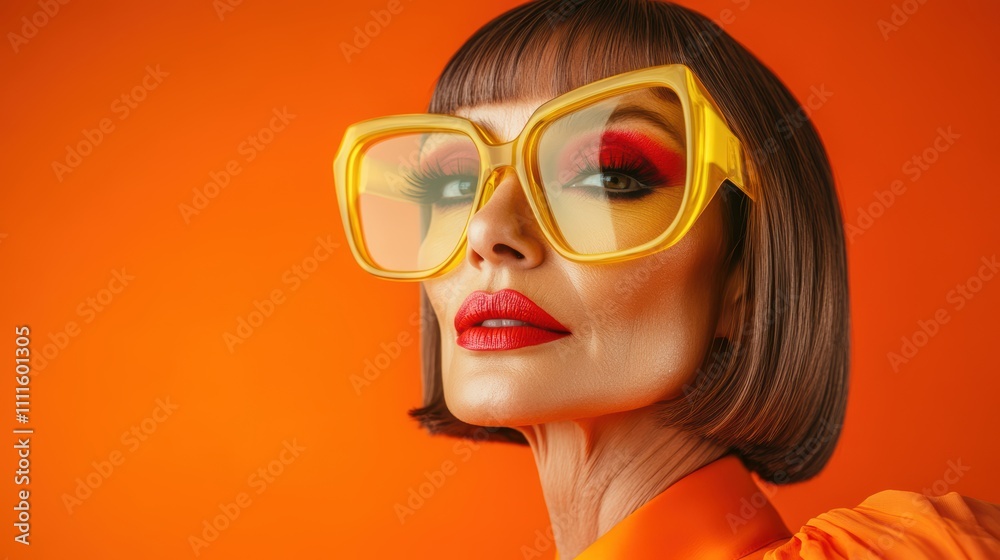 A middle-aged woman with bold makeup and a sleek bob, wearing large yellow glasses A middle-aged woman with bold makeup and a sleek bob, wearing large yellow glasses