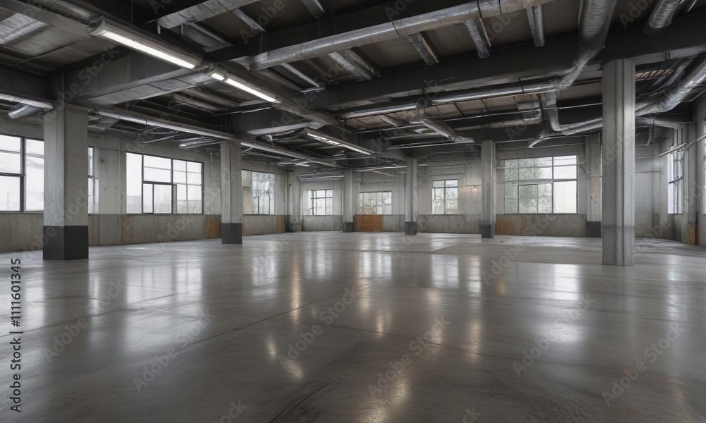 Exposed ductwork and concrete floor in an industrial-style office space, open layout, industrial offices Exposed ductwork and concrete floor in an industrial-style office space, open layout, industrial offices