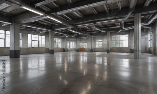 Exposed ductwork and concrete floor in an industrial-style office space  open layout  industrial offices