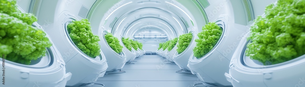 A futuristic indoor farm featuring rows of vibrant green plants growing in sleek, white pods, emphasizing modern agriculture and sustainability. A futuristic indoor farm featuring rows of vibrant green plants growing in sleek, white pods, emphasizing modern agriculture and sustainability.