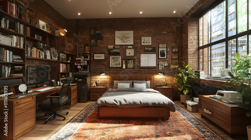 Sunlit loft bedroom with exposed brick wall  wooden furniture  and large window.