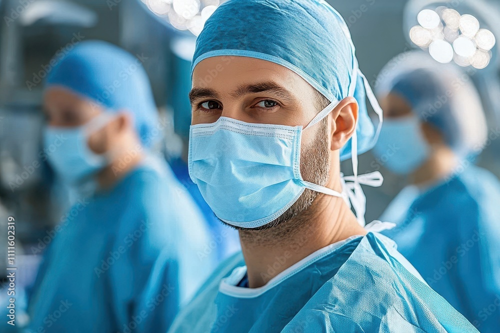 Close-up of a surgeon wearing a mask and cap. Illustrates medical professionalism and healthcare. Close-up of a surgeon wearing a mask and cap. Illustrates medical professionalism and healthcare.