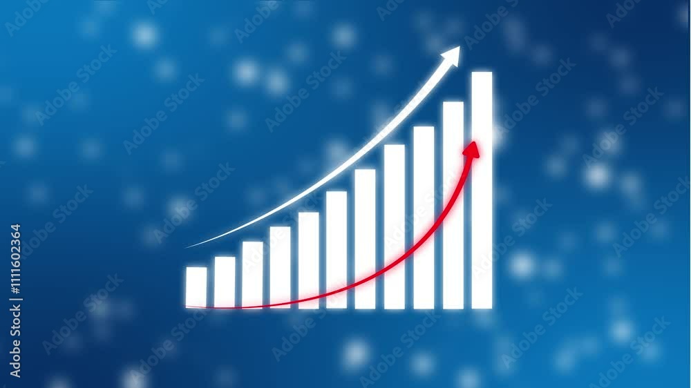 4k business growth and success arrow infographics Business infographics business infographics with rising arrow and bar stats appearing, symbolizing growth and success, with glitch and noise digital