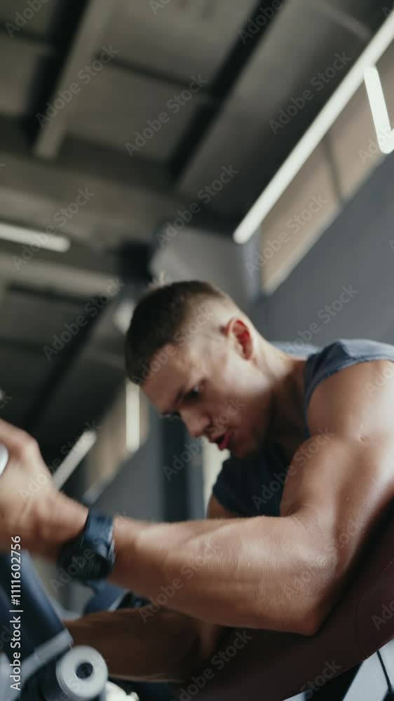 Athlete intensely working out on an exercise machine at a modern gym, showcasing strength and determination. Focused Athlete Working Out on Exercise Machine in the Gym Vertical Athlete intensely working out on an exercise machine at a modern gym, showcasing strength and determination. Focused Athlete Working Out on Exercise Machine in the Gym Vertical