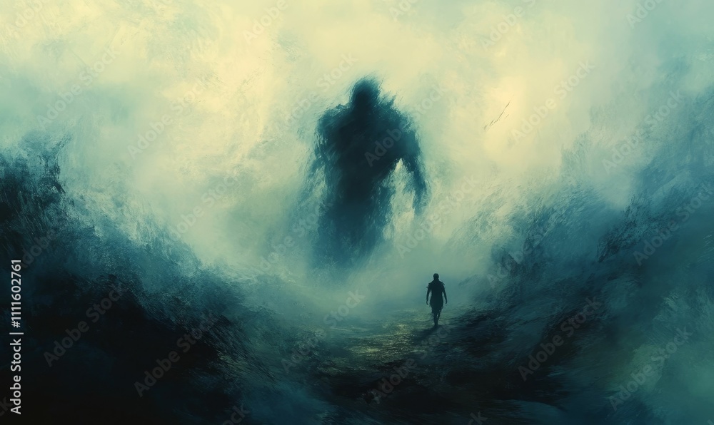 A lone figure approaches a colossal, shadowy form. A lone figure approaches a colossal, shadowy form.