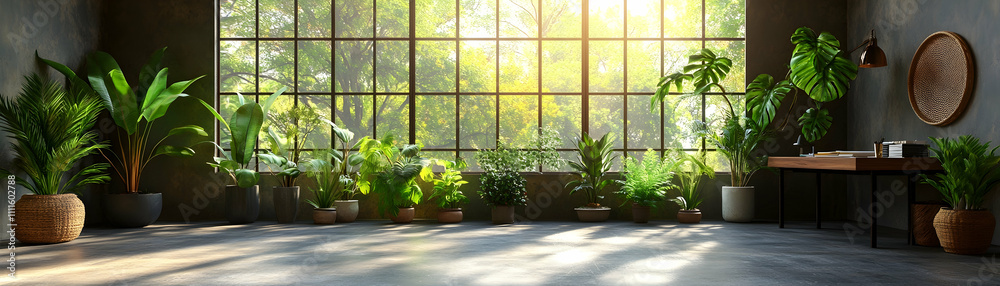 Sunlit room with various potted plants near a window. Sunlit room with various potted plants near a window.