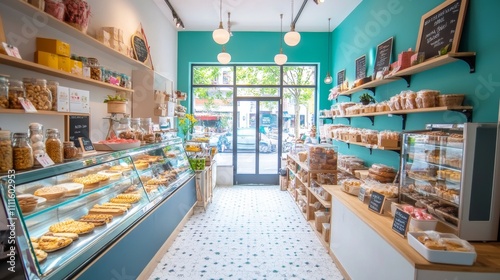 A cozy bakery interior showcasing an array of pastries and treats in a vibrant setting.