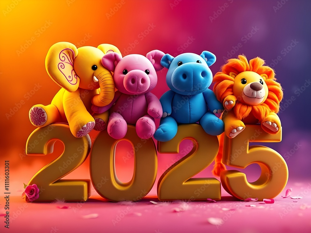 Fototapeta premium The colorful letters 2025 with colorful an animals dolls, Generative AI Illustration.