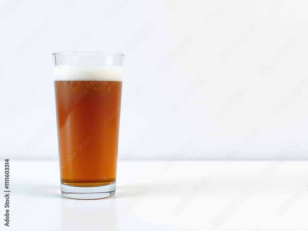 Frosted glass containing cold brown-colored beer on a clean white countertop, brown, clean