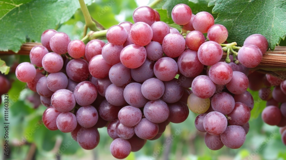 Fresh Red Grapes Bunch Hanging on Vine in Vineyard Under Natural Light, Symbolizing Healthy Eating and Organic Farming Practices, Suitable for Culinary Usage and Marketing Fresh Red Grapes Bunch Hanging on Vine in Vineyard Under Natural Light, Symbolizing Healthy Eating and Organic Farming Practices, Suitable for Culinary Usage and Marketing