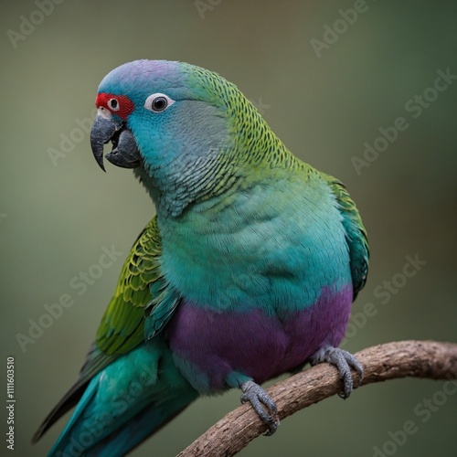 A distinctive Derbyan parakeet with its turquoise and purple tones, perched neatly. photo