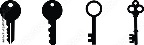 Key icon symbol flat style set. Door or house key to unlock lock collection. Security system concept represented by silhouette key sign group