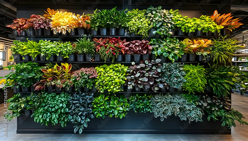 Fototapeta premium Vibrant green wall of diverse potted plants in a modern interior.