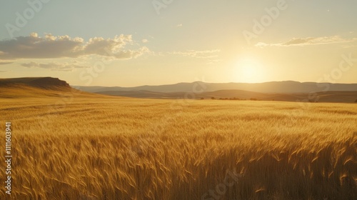 Serene Sunset Over Golden Wheat Field with Rolling Hills Under a Clear Sky, Captivating Nature Landscape at Dusk