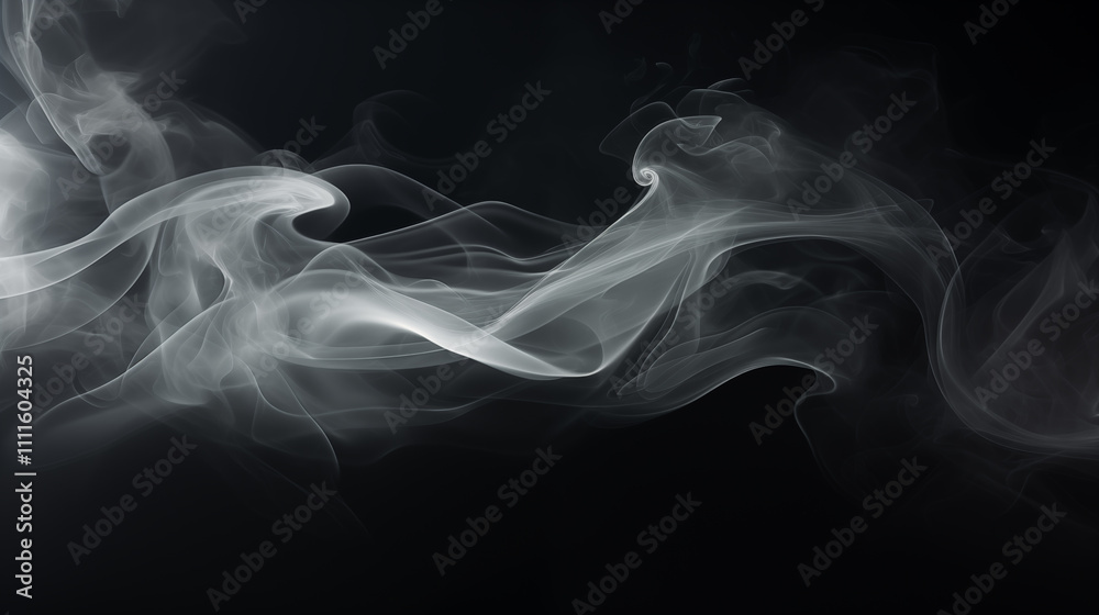 Fototapeta premium Smoke clouds, steam mist fog and white foggy vapor. Realistic smoke particles isolated on black background. Beautiful swirling gray smoke.