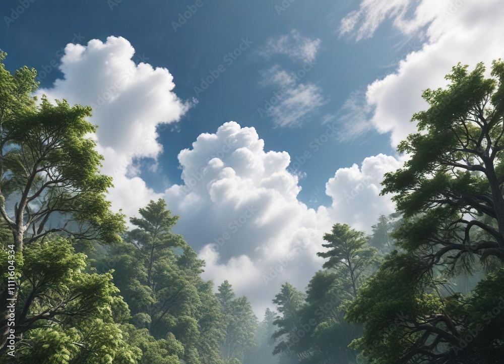 Obraz premium Dense forest canopy covered in soft, white clouds , solitude, scenery