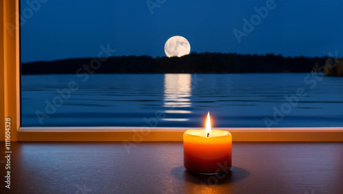 A glowing candle resting on a smooth wooden surface beside an open window overlooking a serene moonlit lake, emphasize peace and stillness.