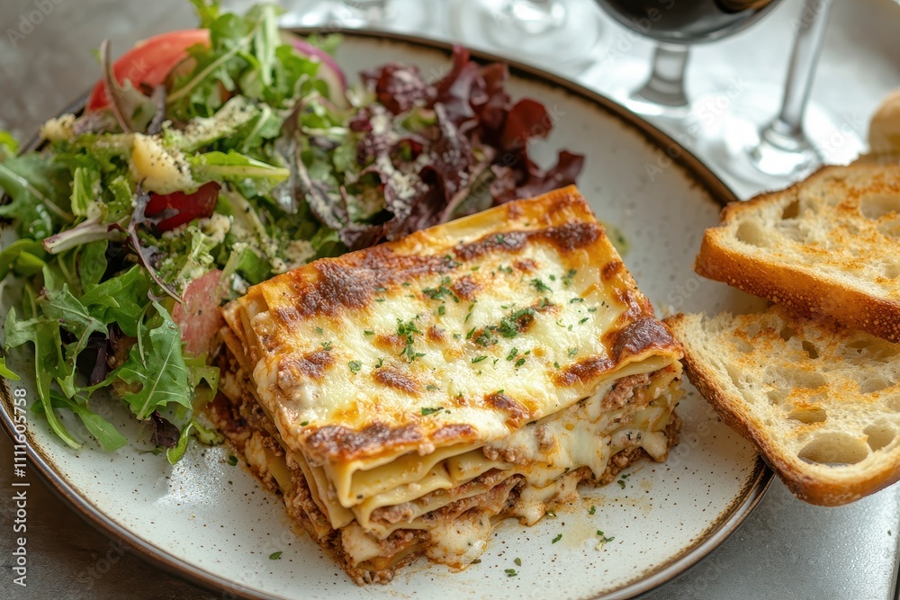 Delectable lasagna served with fresh salad and toasted bread. Perfect for showcasing Italian cuisine or a restaurant menu. Delectable lasagna served with fresh salad and toasted bread. Perfect for showcasing Italian cuisine or a restaurant menu.