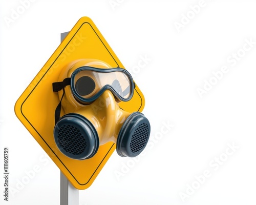 Yellow Warning Sign with Gas Mask and Protective Goggles Display photo