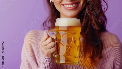 White woman holding beer mug, copy space, single color background. photo