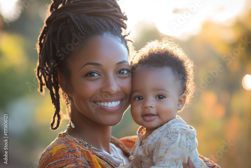 Woman tenderly cradling a baby in her arms, both looking into each other's eyes with affection. Bright room with colorful toys in the background.