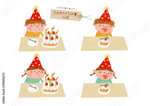 バースデーケーキのろうそくを消してケーキを食べる誕生日のこども