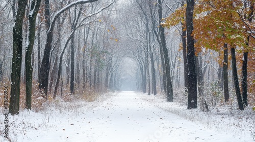 Nature's transition captured in a scene with lush green trees fading into a snowy, wintery horizon