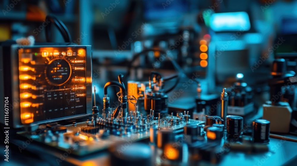 Closeup of electronic circuit board and testing equipment Closeup of electronic circuit board and testing equipment