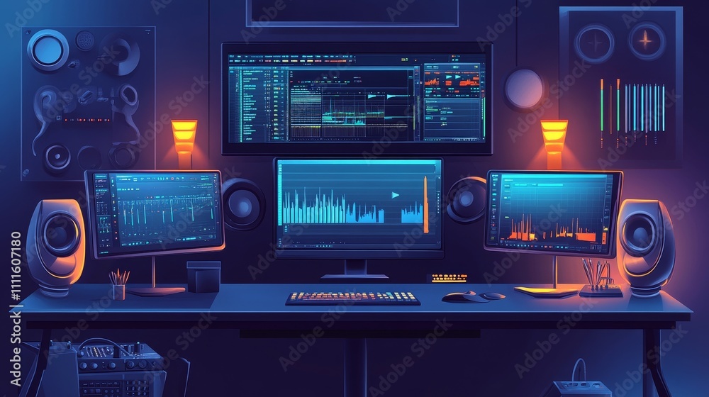 A modern music production studio featuring multiple screen and audio equipment. A modern music production studio featuring multiple screen and audio equipment.