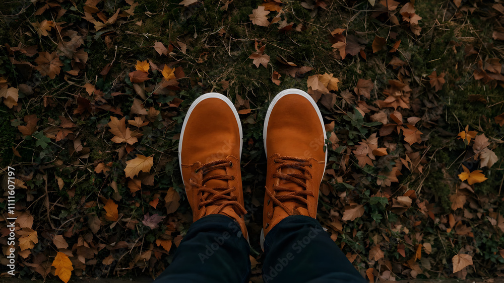 Autumnal park scene depicting a pair of sturdy shoes halting mid-stride on a nature trail, leaves in various stages of fall scattered across the path, with visible signs of athletic wear on the shoes Autumnal park scene depicting a pair of sturdy shoes halting mid-stride on a nature trail, leaves in various stages of fall scattered across the path, with visible signs of athletic wear on the shoes