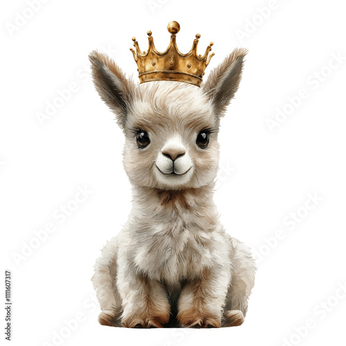 Cute baby llama illustration wearing a golden crown, sitting upright on a white background. Royal and whimsical animal artwork perfect for cute and regal-themed designs